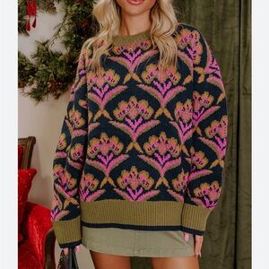&merci womens sweater geometric design/hues olive/sage/violet/gold#glam#trending